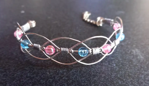 Pink and Blue Beads and Wire Bracelet