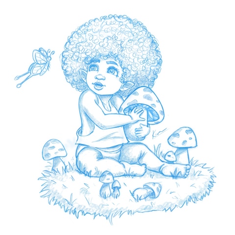 Cute little elf child with Afro sketch