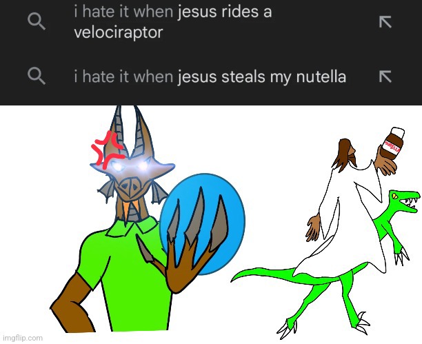 Jesus, velociraptor riding nutella thief