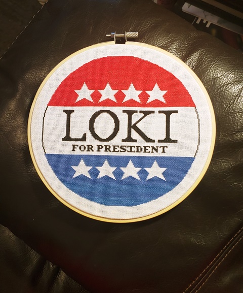 Loki For President Cross-Stitch Piece