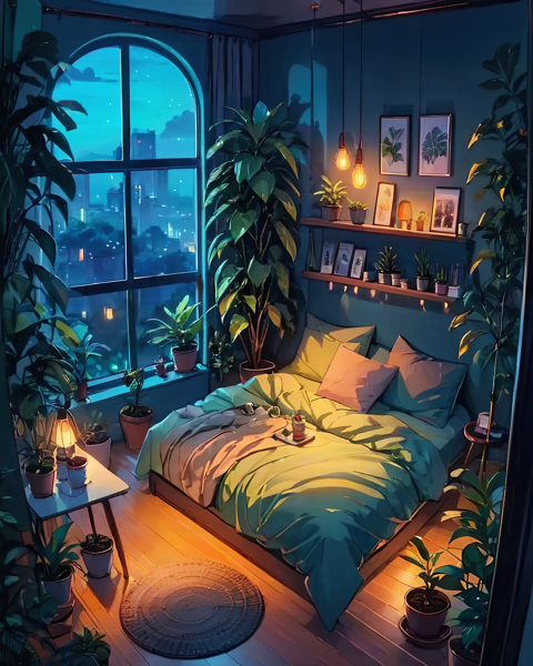 Good Night! in a cozy bedroom.