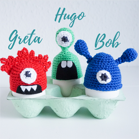 Greta, Hugo and Bob - Monstrous Egg Cozies