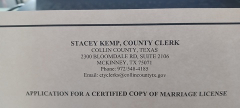 Application for certified copy of Marriage License