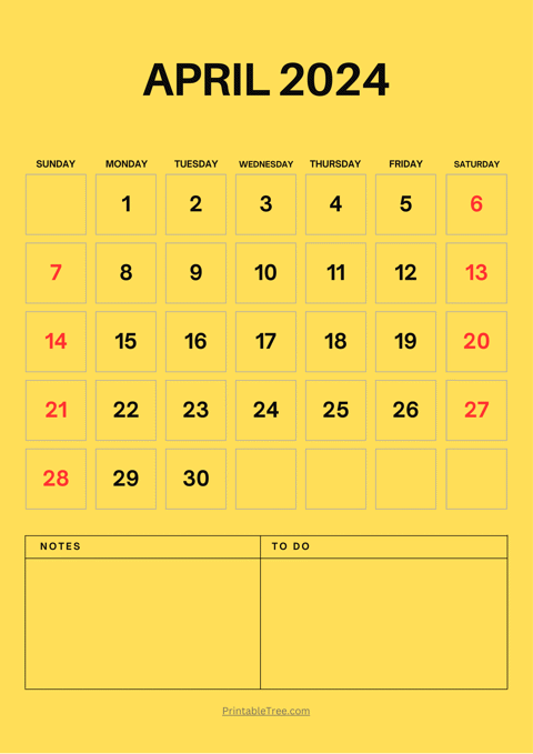 April 2024 Calendar Yellow Portrait with To Do Lis