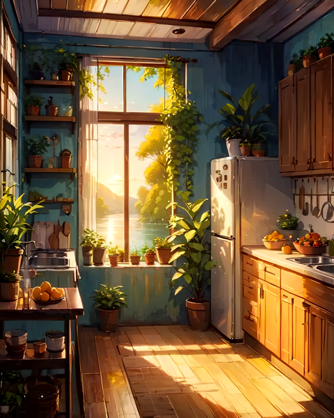 Cozy kitchen on a beautiful summer day.