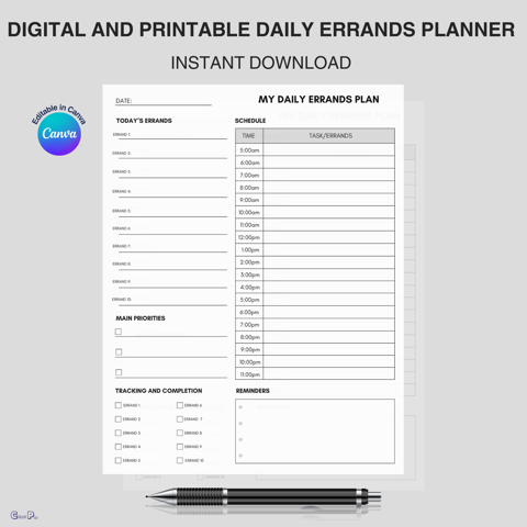 Daily Productivity Planner, Errands Tracker, One Page Planner - Chiqui ...