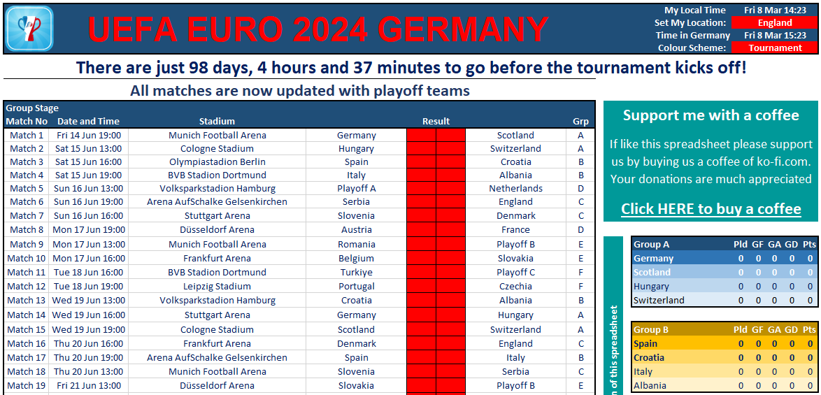 UEFA EURO 2024 Germany Unprotected Spreadsheet
