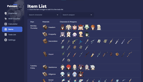 Items list page