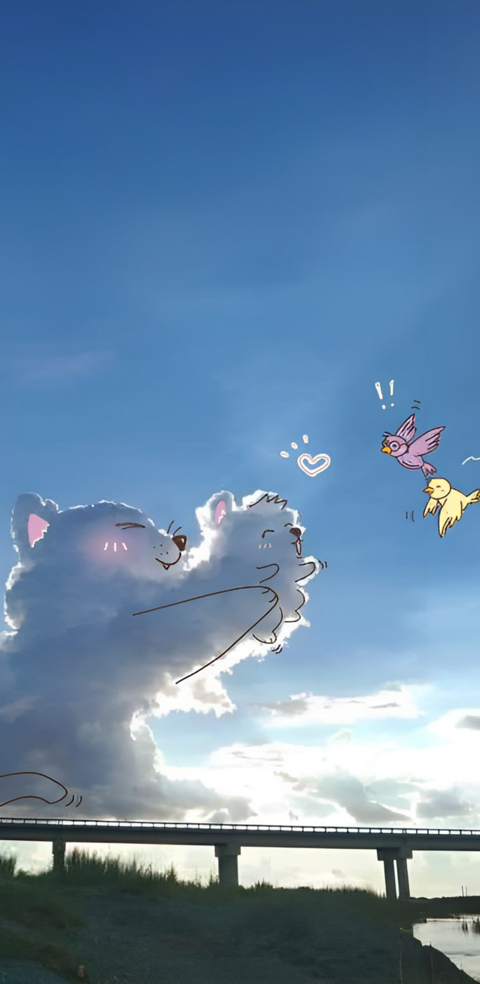 Cute Cloud Cat & Bird Wallpaper