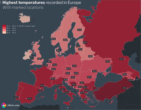 The map of highest temperatures recorded in Europe