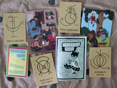 Witchy zines, postcards, and stickers