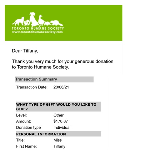 Toronto Humane Society donation - June 2021