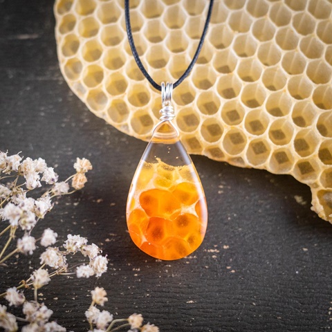 Resin pendant with real honeycomb & silver loop