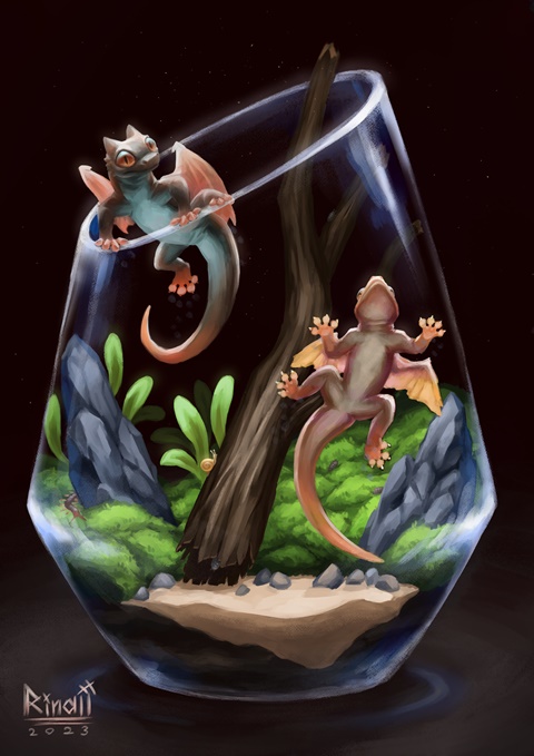 A glas full of Dergin-geckos
