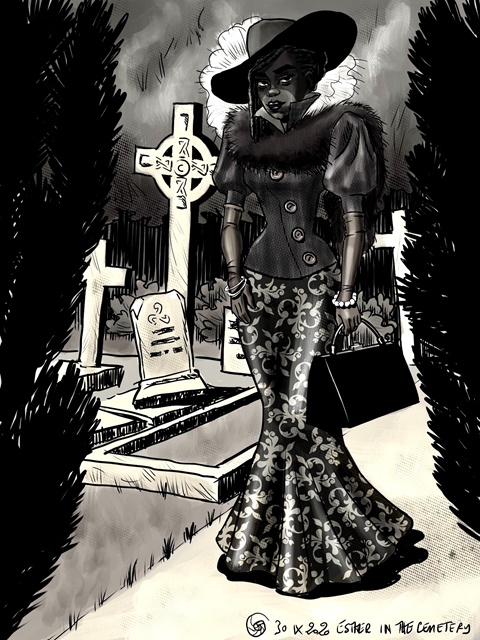 Esther in a cemetery 