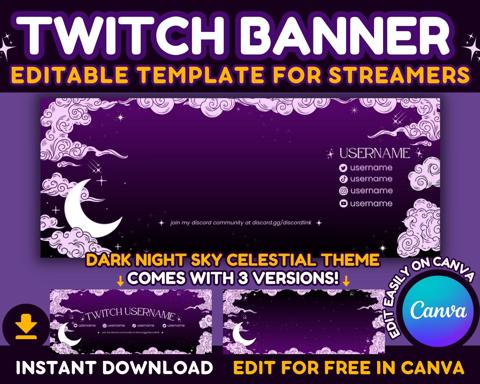 Twitch Stream Banner Template for Canva - Dark Sky