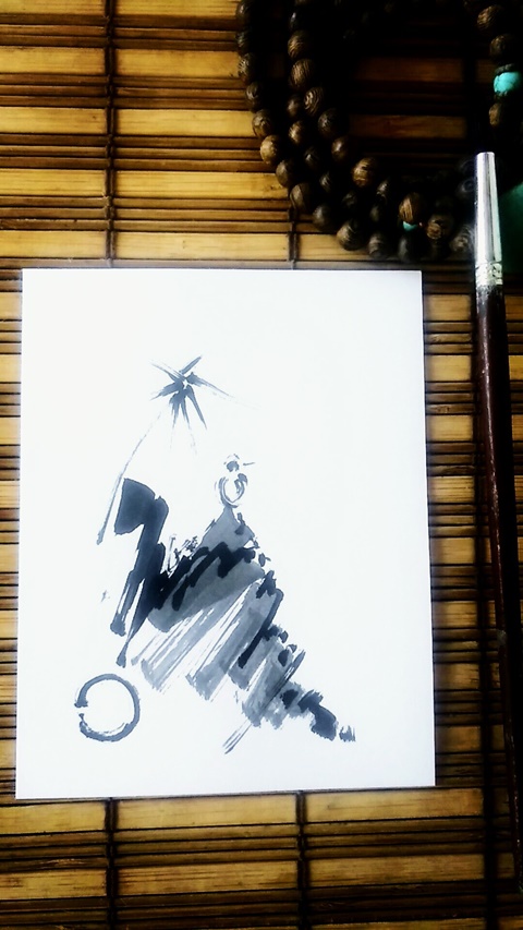El Gorrión en la montaña. Pintura sumi-é sobre papel blanco