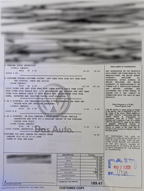 Car Repair and Inspection Receipt