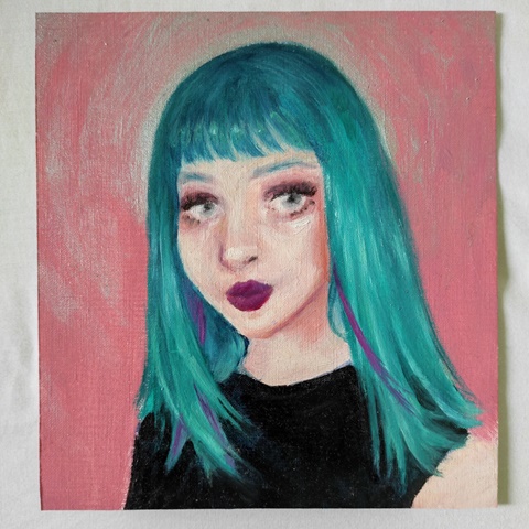 green hair woman oil painting