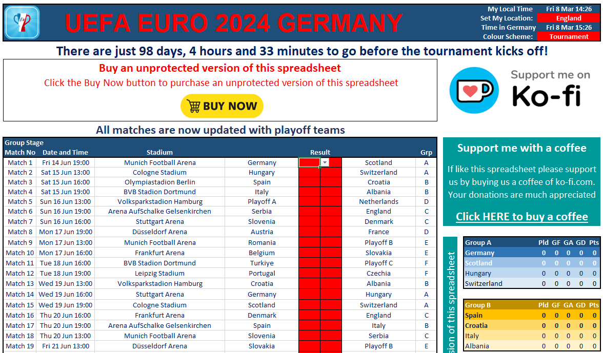 UEFA Euro 2024 Germany spreadsheet