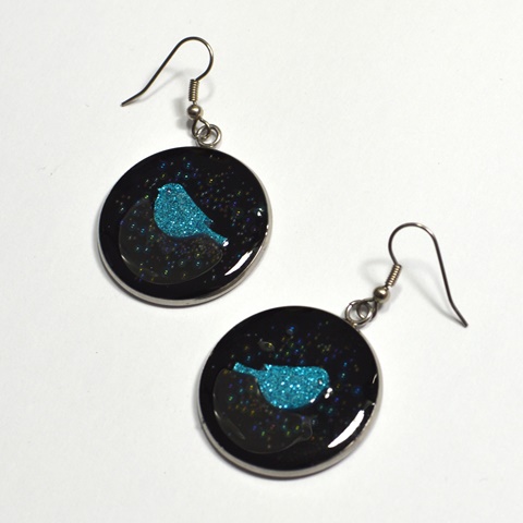 Blue glittery bird earrings