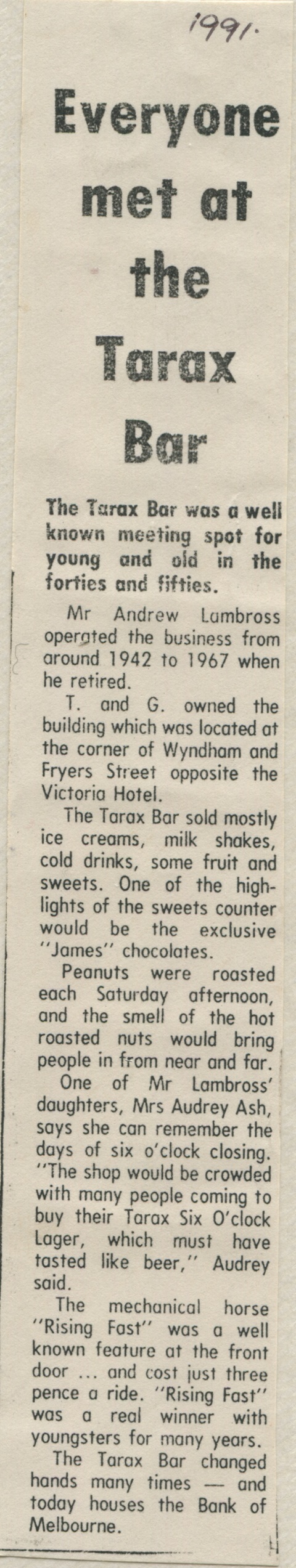 Everyone met at the Tarax Bar article, 1991