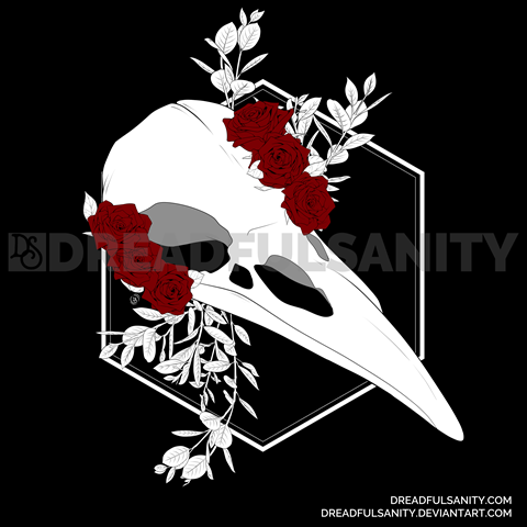 Raven Skull with Roses and Leaves