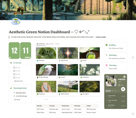 Aesthetic Green Notion Dashboard | Media Library | Habit Tracker ...