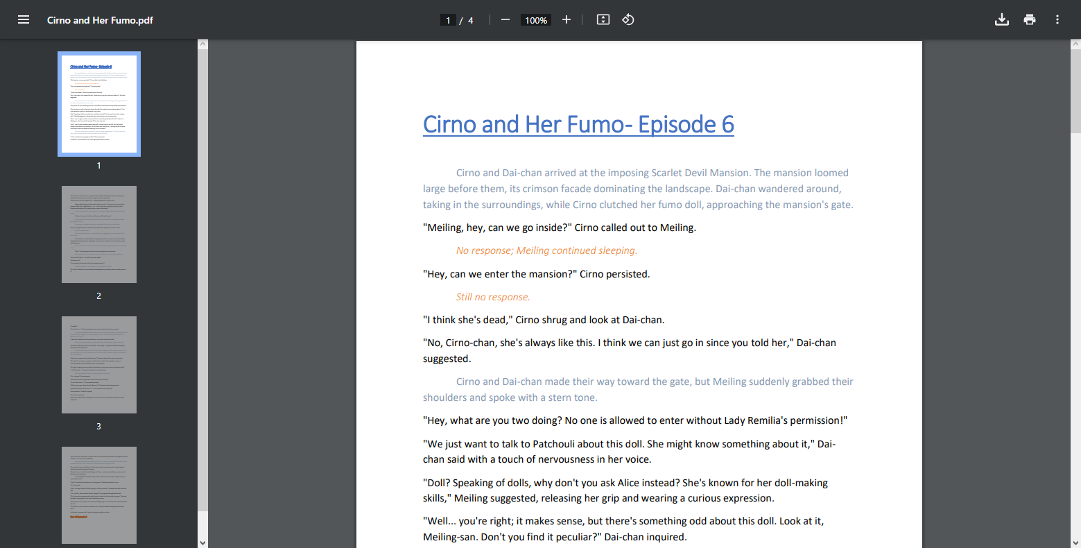 Cirno and her fumo ep 6 script is done! Yay!