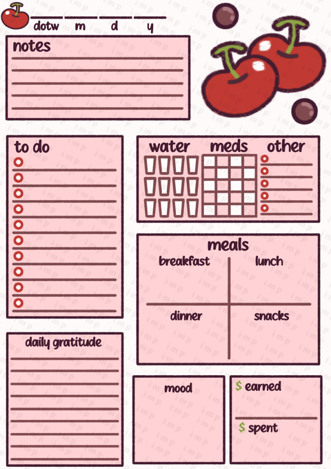 Cute Aesthetic Undated Printable cherry daily planner - imp's Ko-fi ...