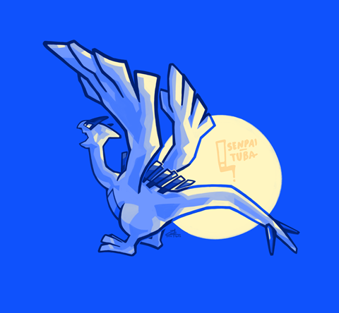 A portrait of the Pokémon Lugia flying with a blue sky background