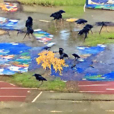 Crows Playing In A Puddle 