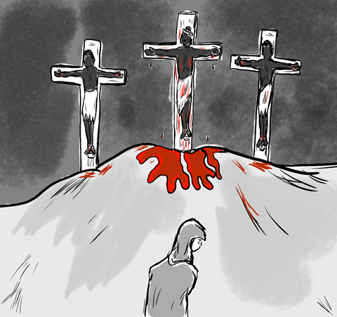 The Crucifixion in grayscale 