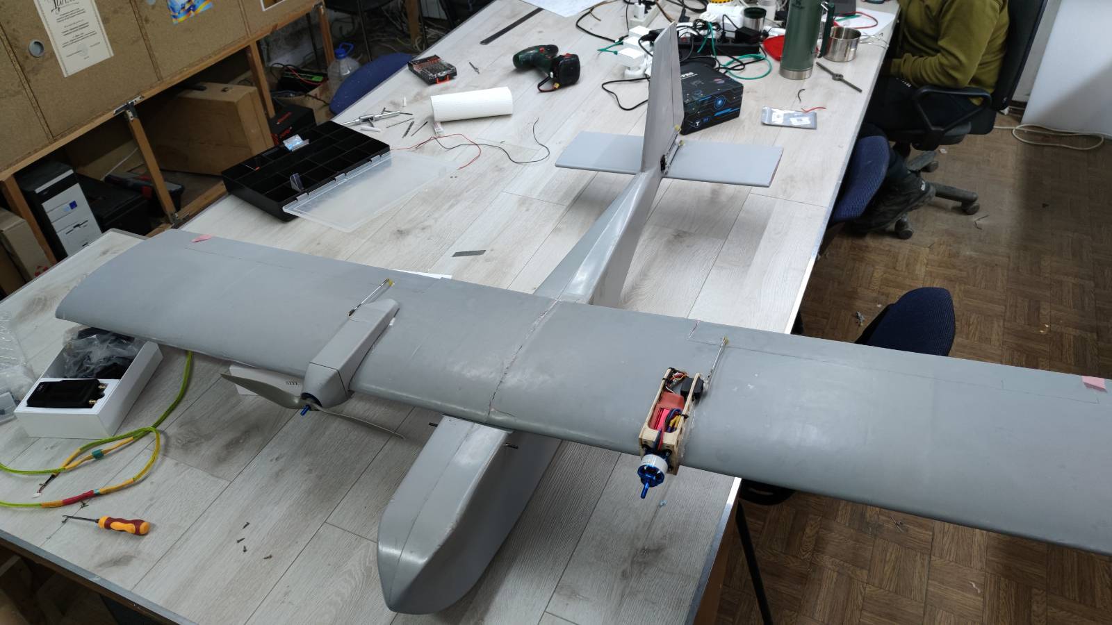 Nearly fully assembled plastic drone