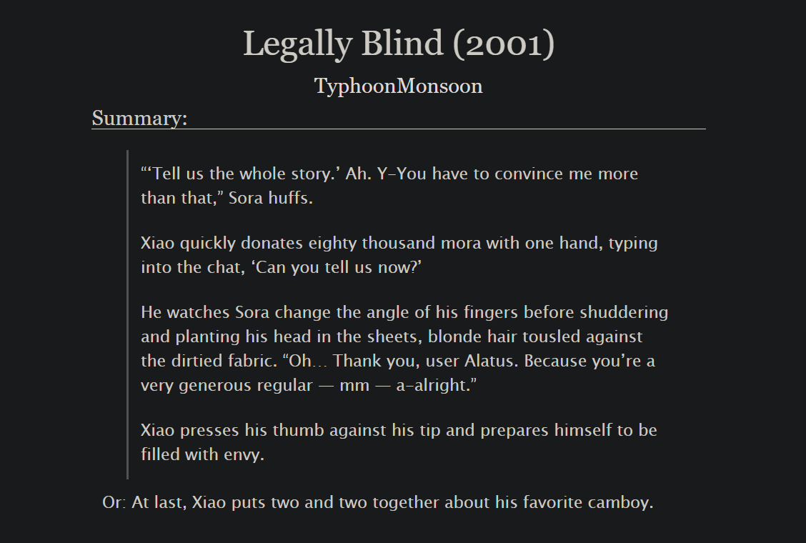 New Xiaoaether Fic: Legally Blind (2001)