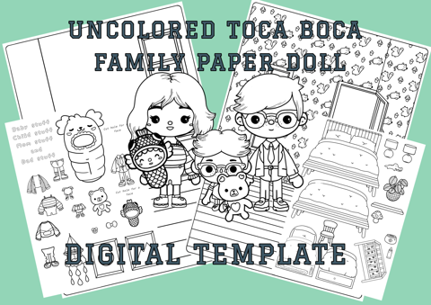 Printable Uncolored Paper Doll Family / Toca Boca Family House Paper Dolls  / Quiet book pages / Printable bedroom for paper dol - Gemini Moon Art's