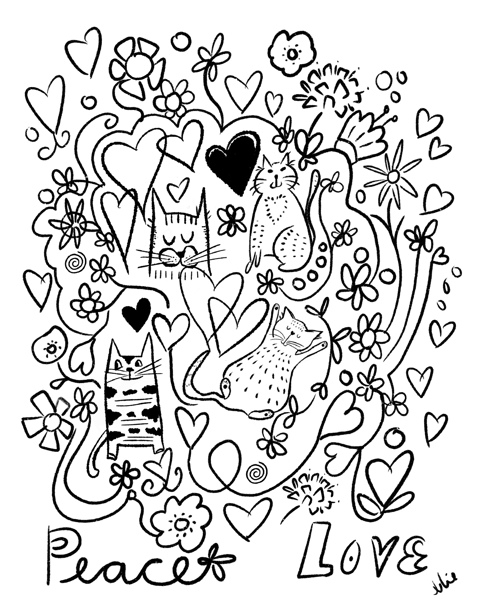 Free Coloring Page Valentine Cats