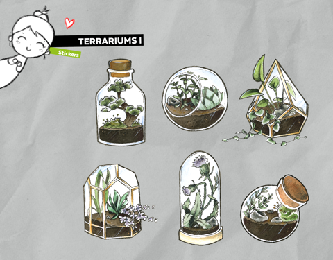 Terrariums Art Sticker Set | Plants | Planters | Succulents | Containers |  Potted Plants | Stickers | Garden | Plants in Jars