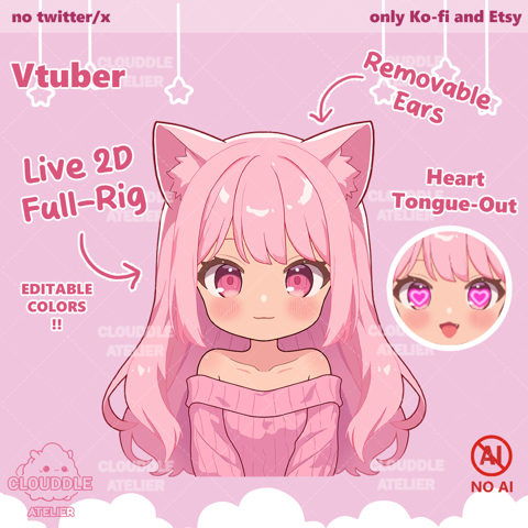 Premade Pink Cat Chibi Vtuber / Customizable / Live2d Full Rigged ...