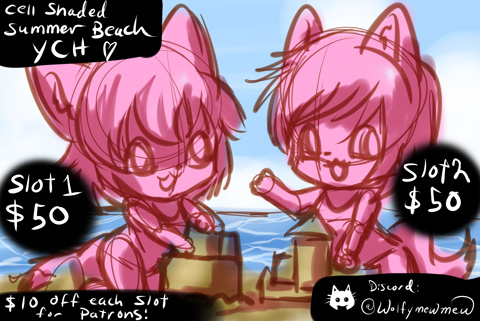 Cell Shaded Summer Beach Chibi YCH $50 per slot $10 off for patrons.