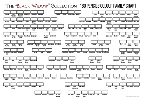 180 Black Widow Pre-filled Color Chart Names and Numbers Pre-filled in  Color Family Order 