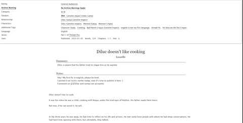 Diluc doesn't like to cook - on Ao3
