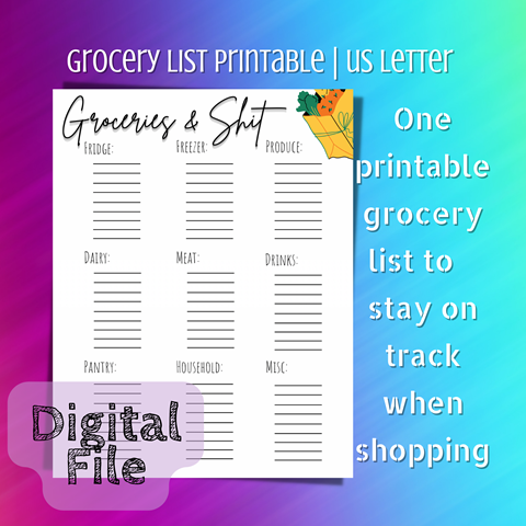 Groceries & Shit Printable Grocery List 