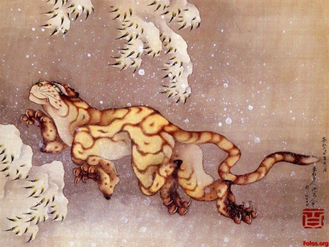 Old tiger in the snow by Hokusai