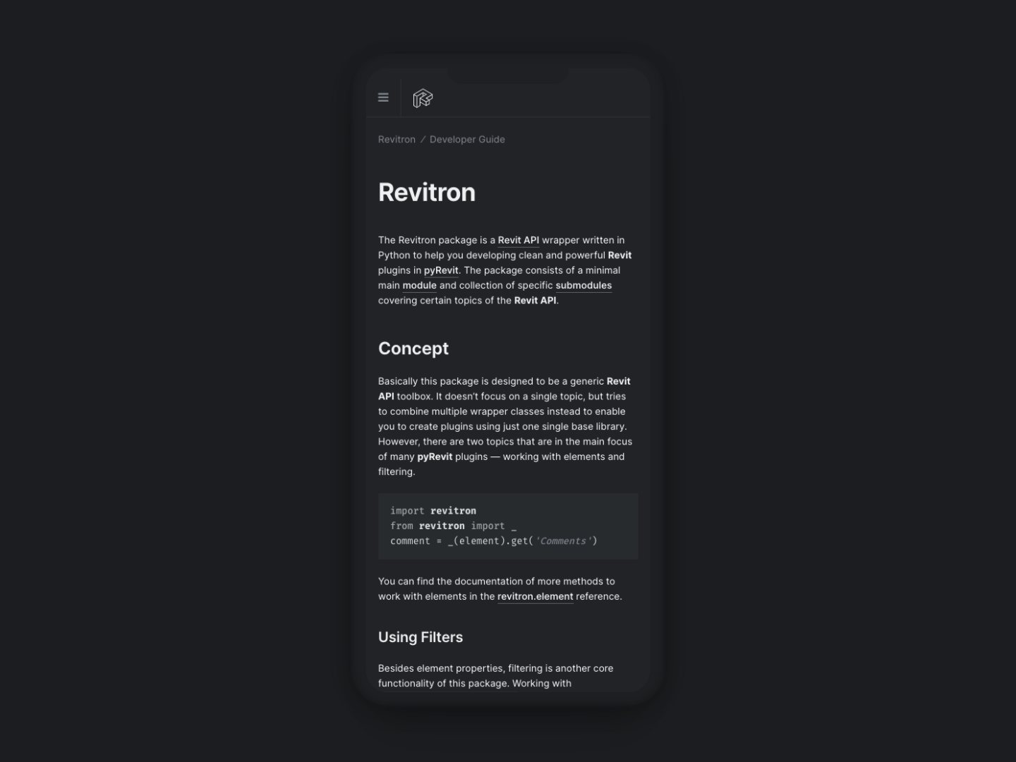 The Revitron Dark Theme on a Mobile