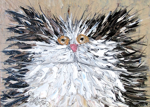 Fluffy cat impasto palette knife oil art