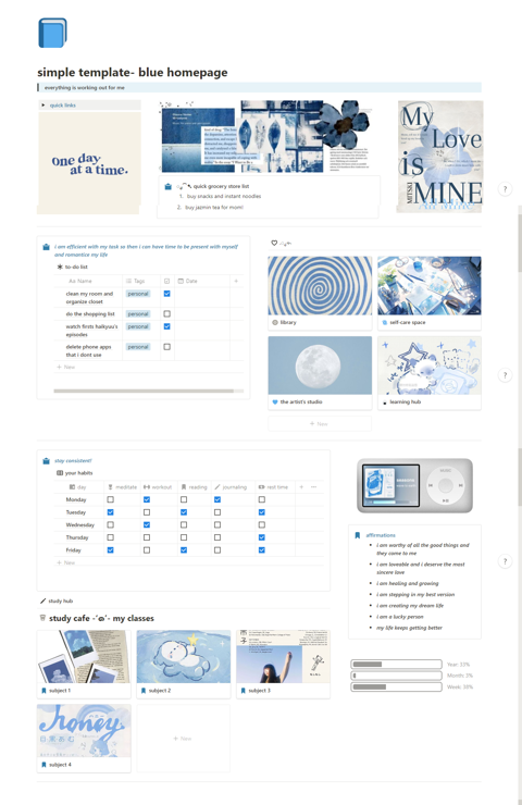 new notion template: homepage blue aesthetic
