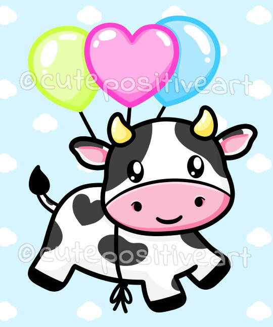 Cute Cow Flying with Balloons