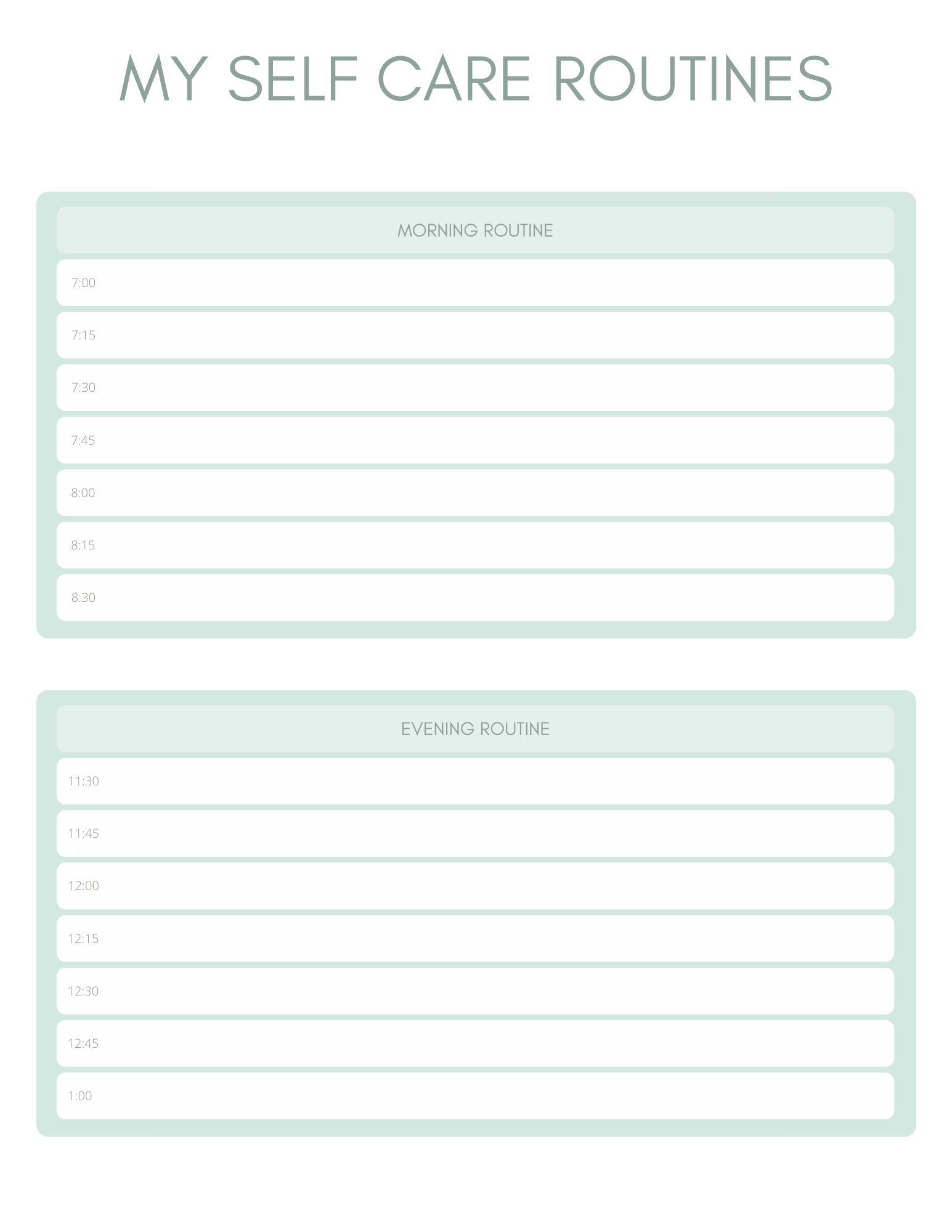 Self Care Planner - Routines Page