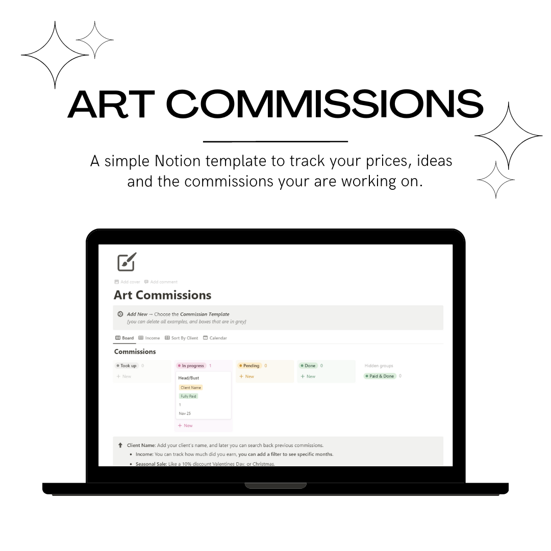 Art commissions notion template drovenna s ko fi shop